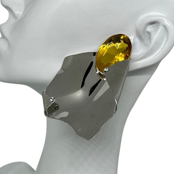 Modernist Sculptural Citrine Crystal Silver Statement Earring Avant-Garde Runway - Picture 8 of 12